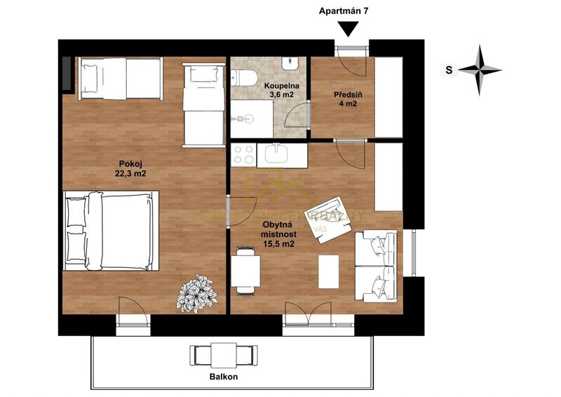 Prodej apartmánu 2+kk,  46 m², balkón
