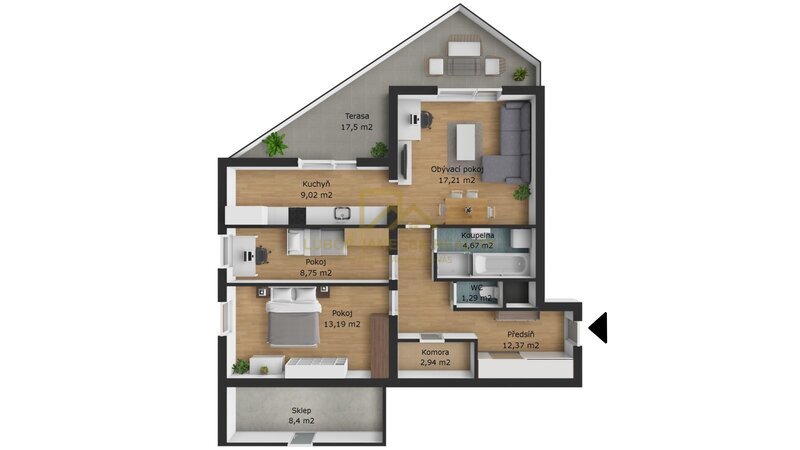 Prostorný byt 3+1 (celkem 95 m²) s terasou 17,5 m² a sklepem 8,5 m² – České Budějovice, u Malše
